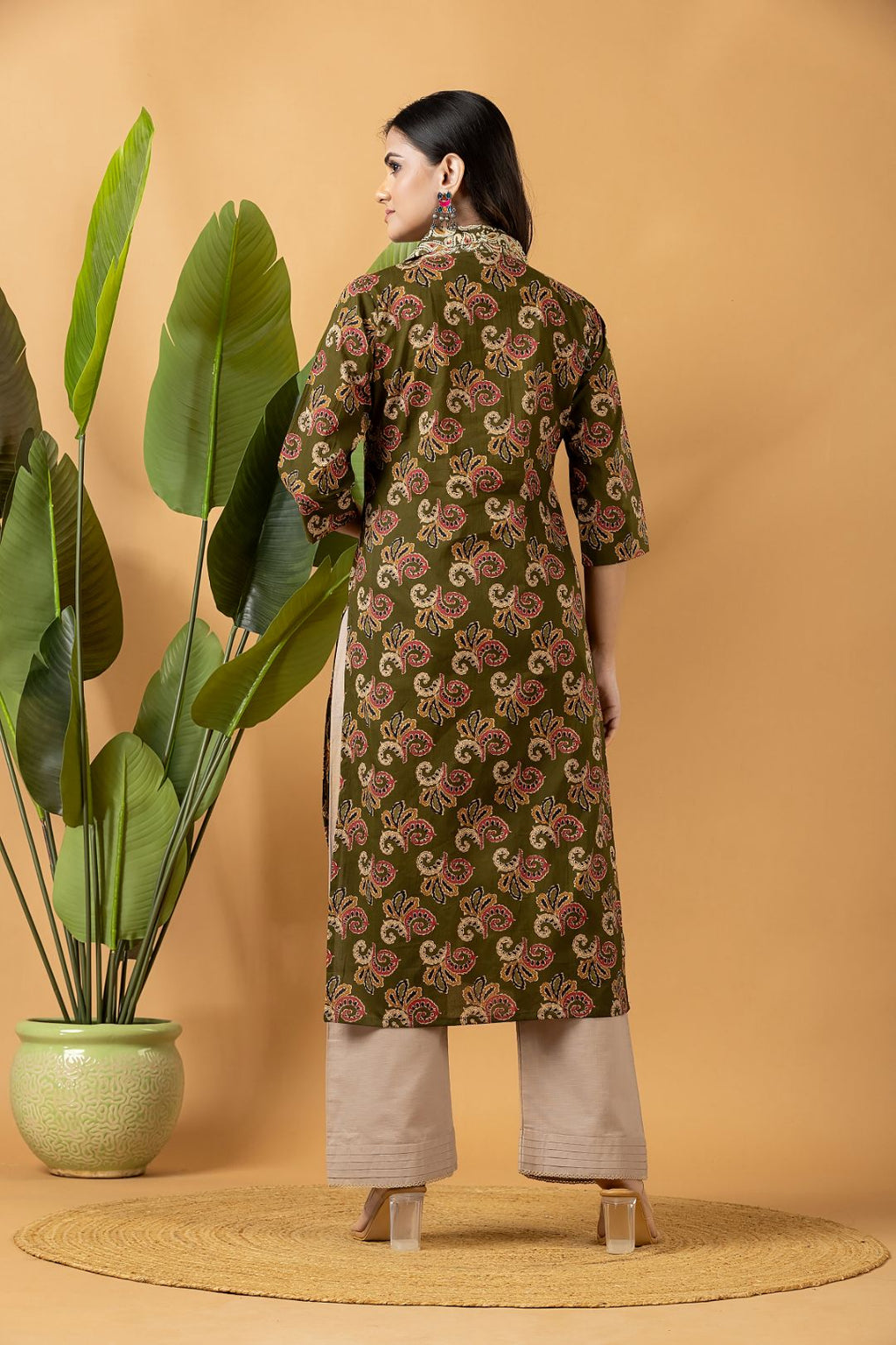 Olive Green Leaf Print Kurta