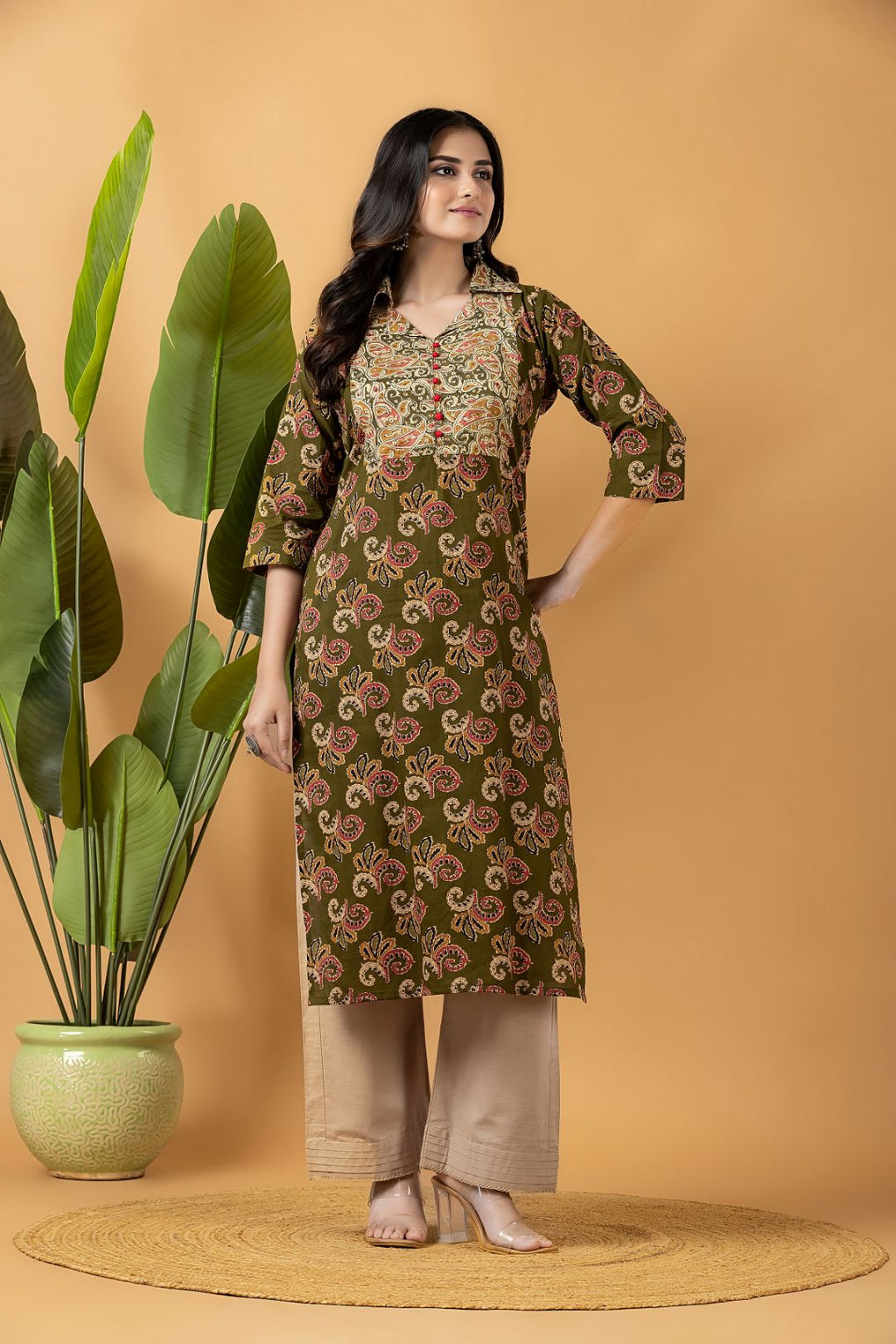 Olive Green Leaf Print Kurta