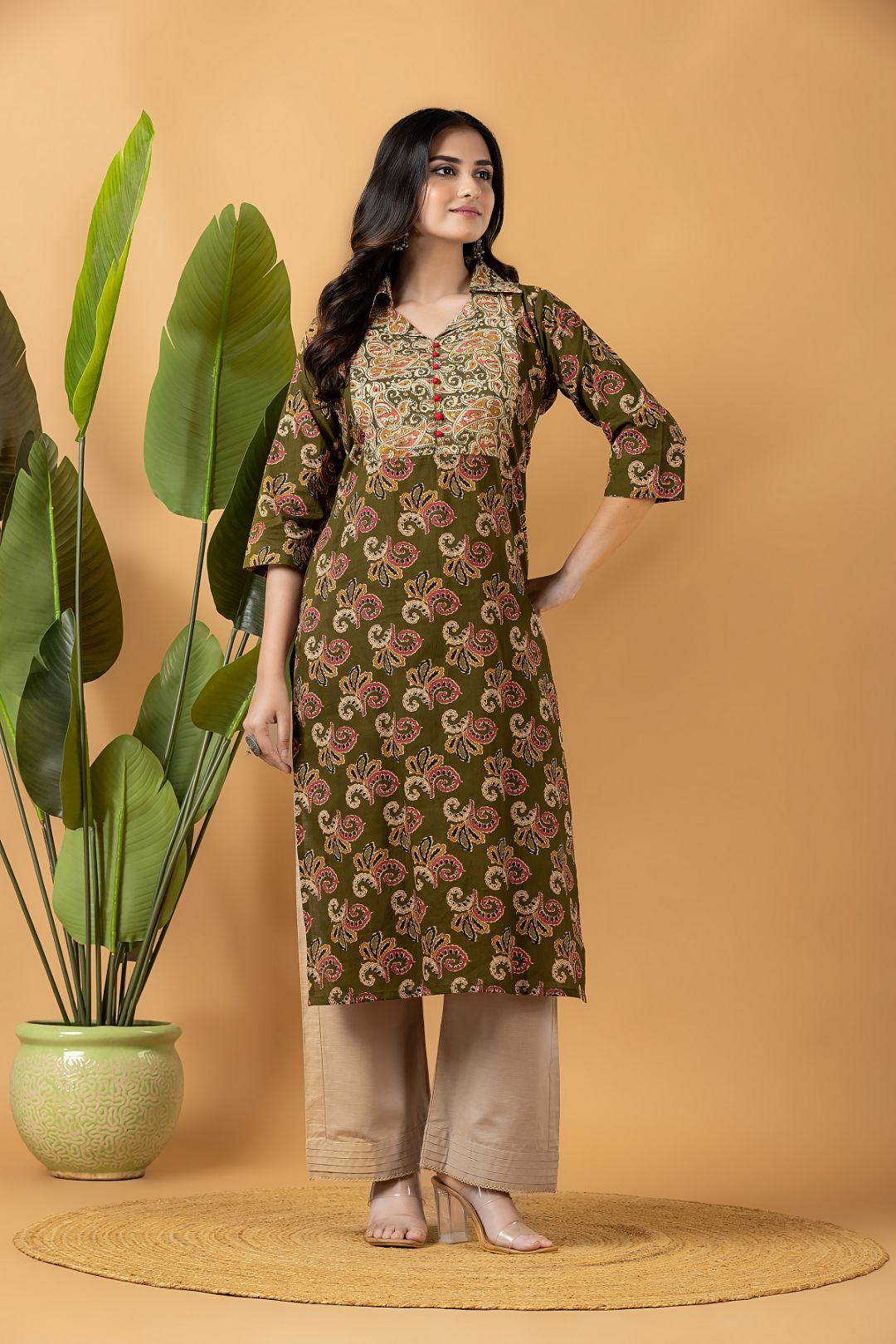 Olive Green Leaf Print Kurta
