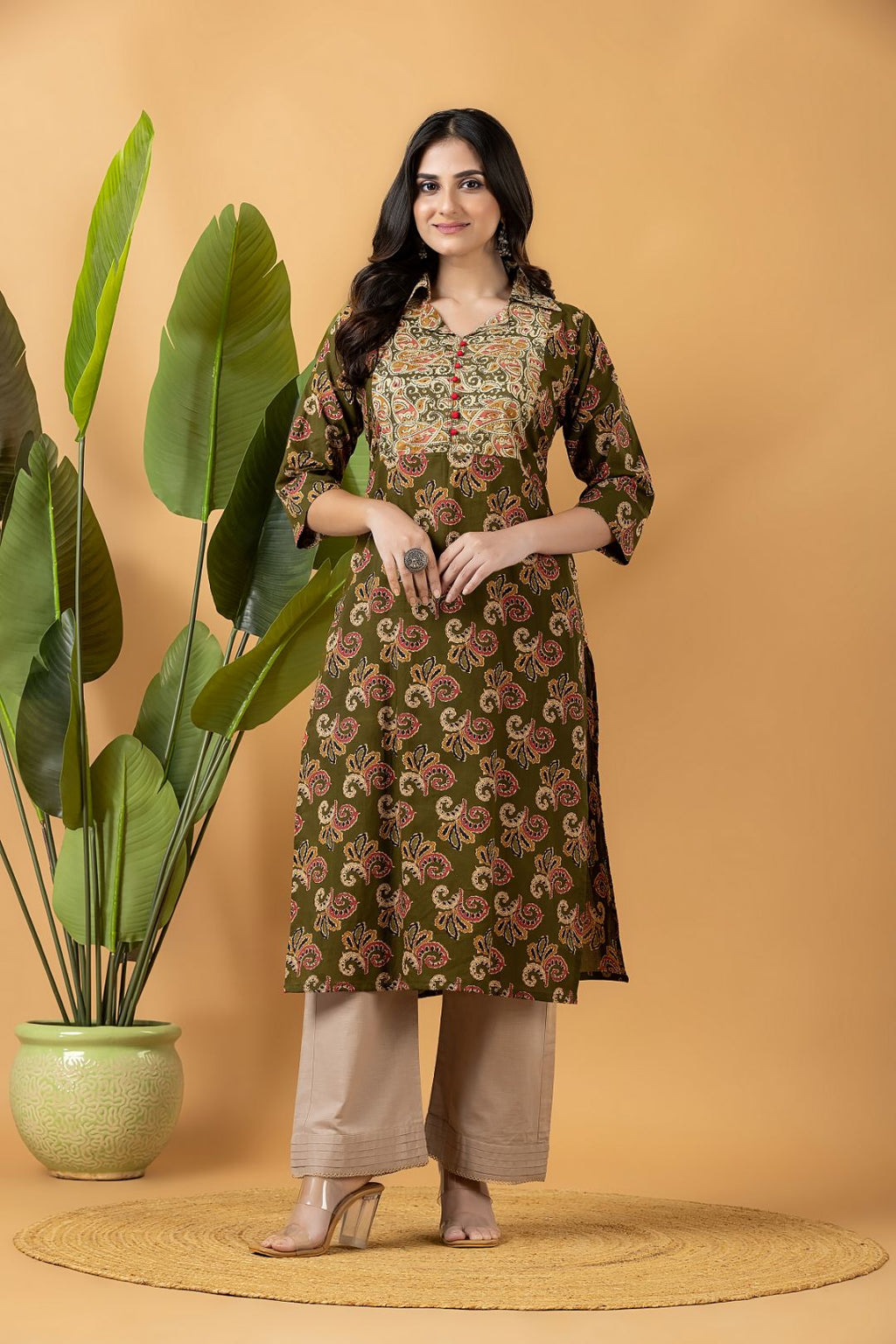 Olive Green Leaf Print Kurta