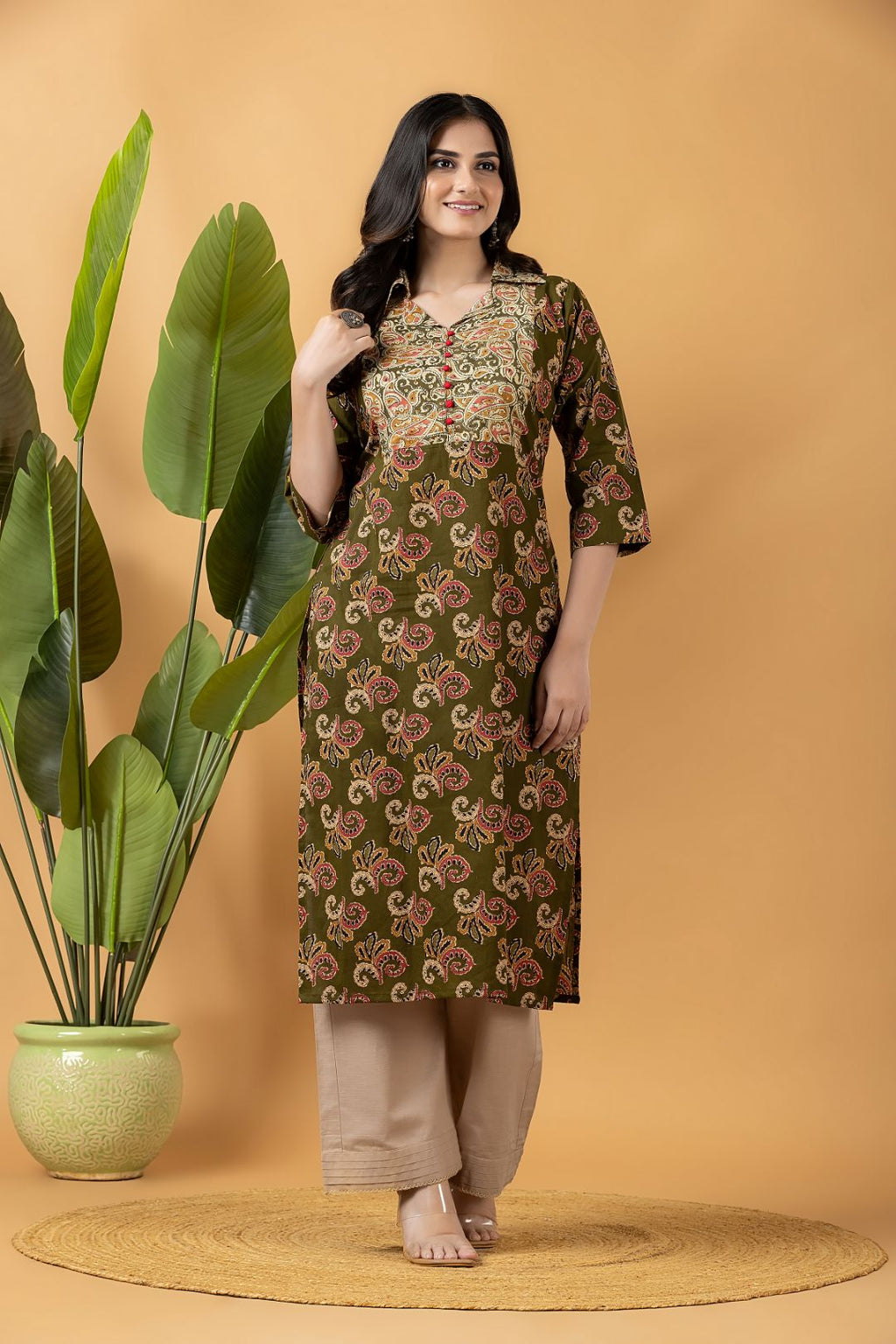 Olive Green Leaf Print Kurta