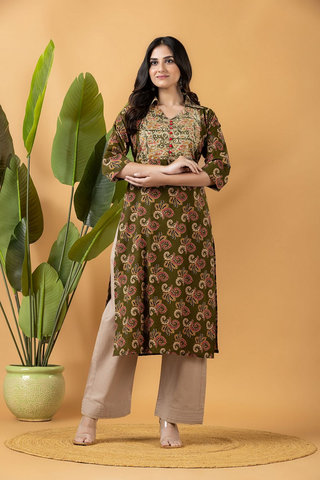 Olive Green Leaf Print Kurta
