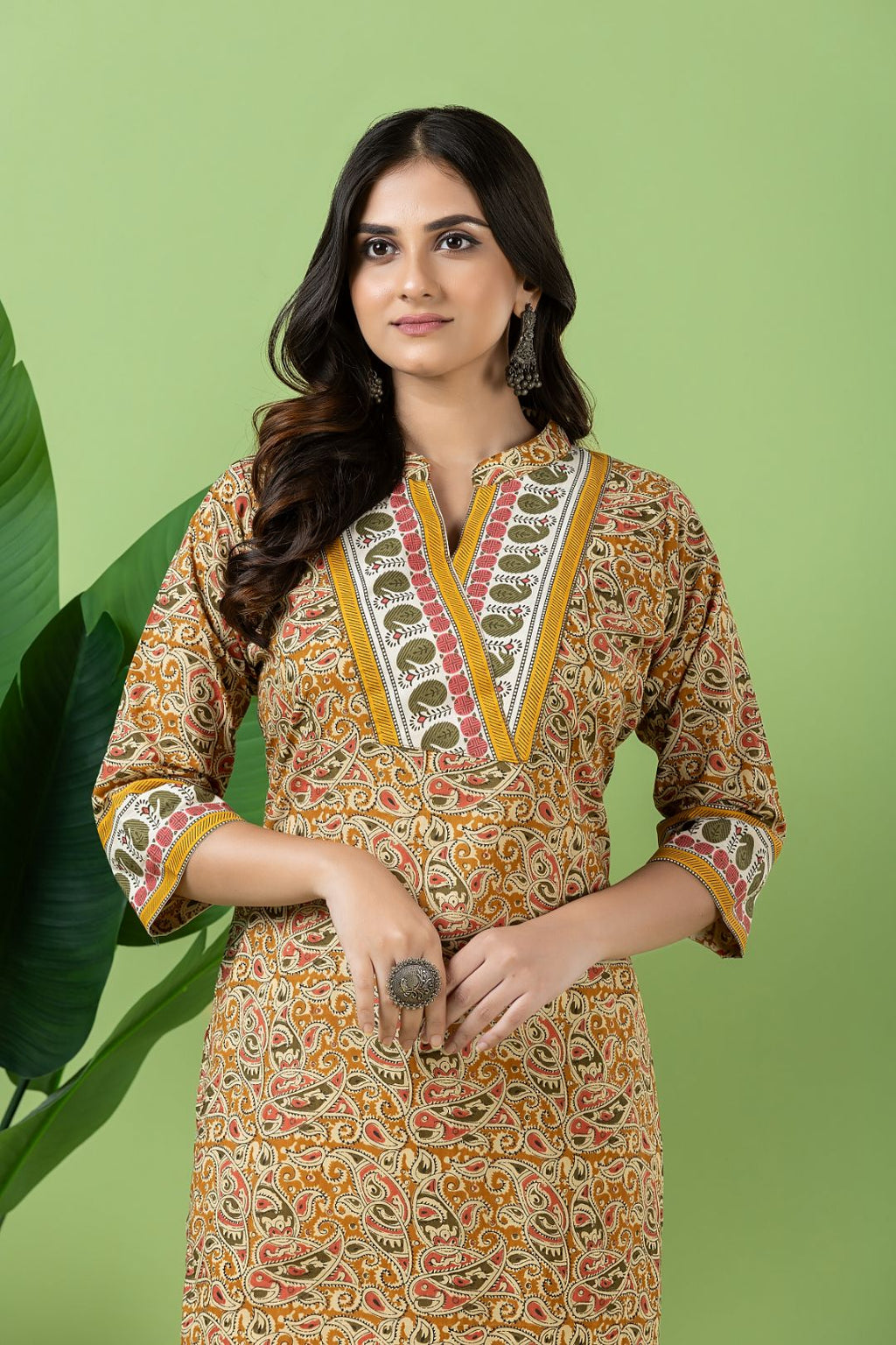 Olive Yellow Kalamkari Print Kurta