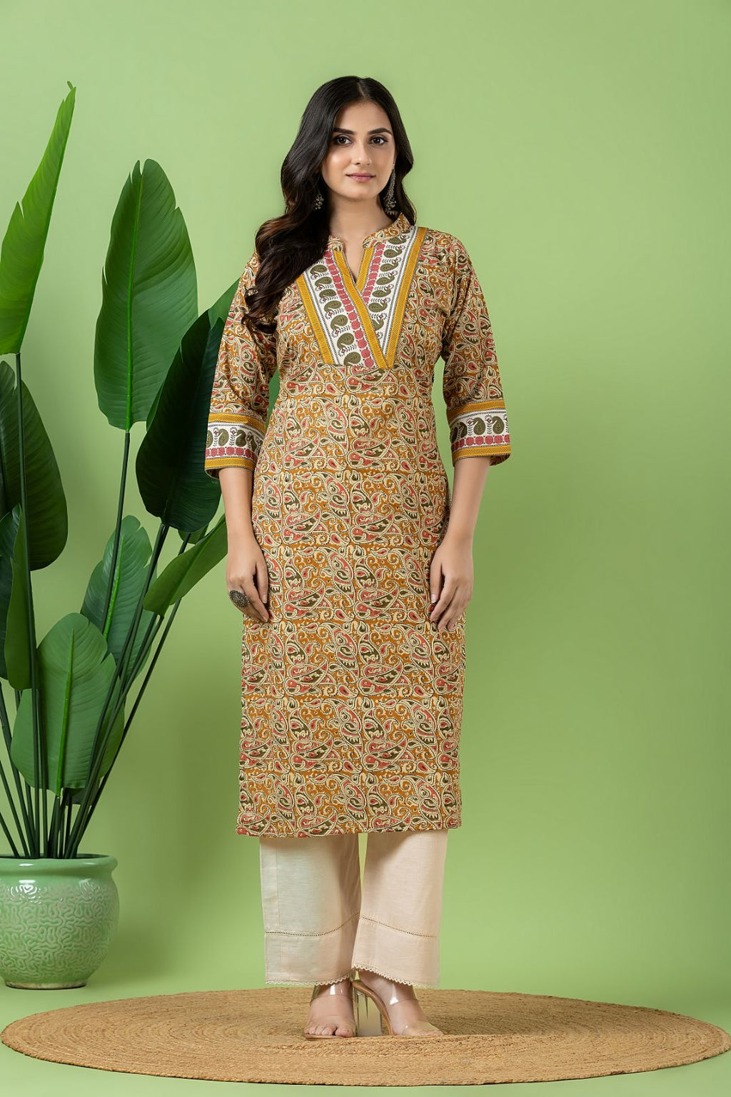 Olive Yellow Kalamkari Print Kurta