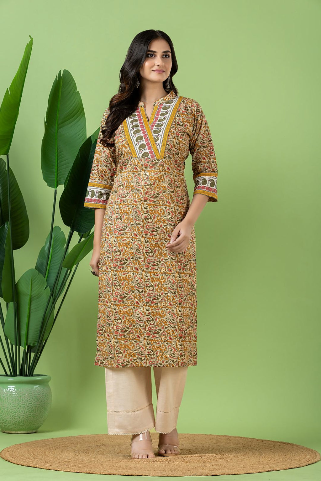 Olive Yellow Kalamkari Print Kurta
