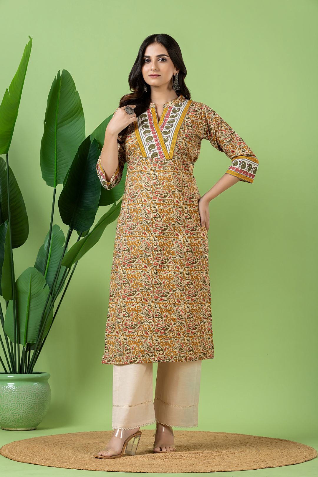 Olive Yellow Kalamkari Print Kurta