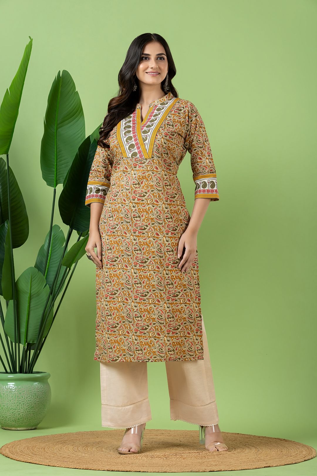 Olive Yellow Kalamkari Print Kurta