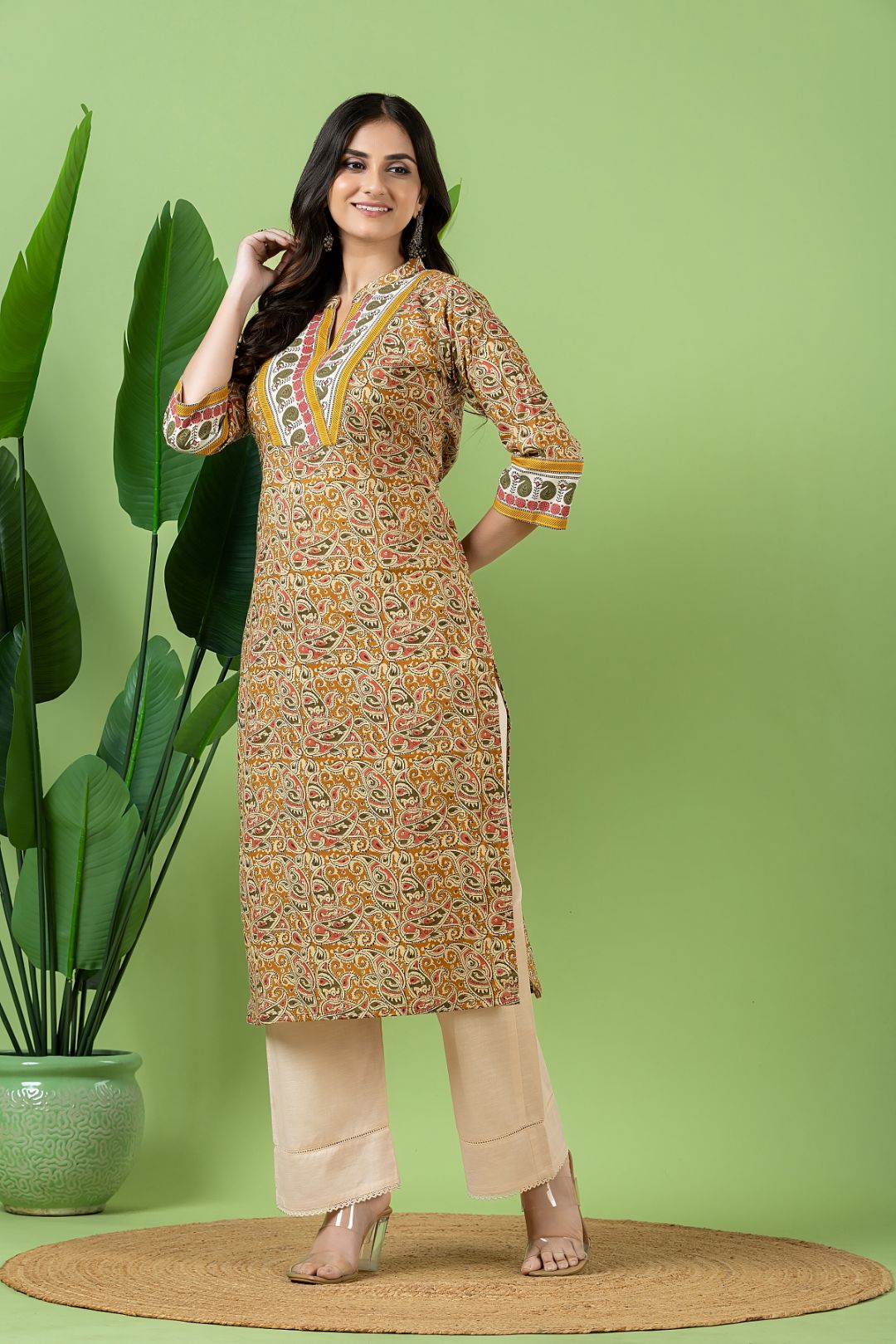 Olive Yellow Kalamkari Print Kurta