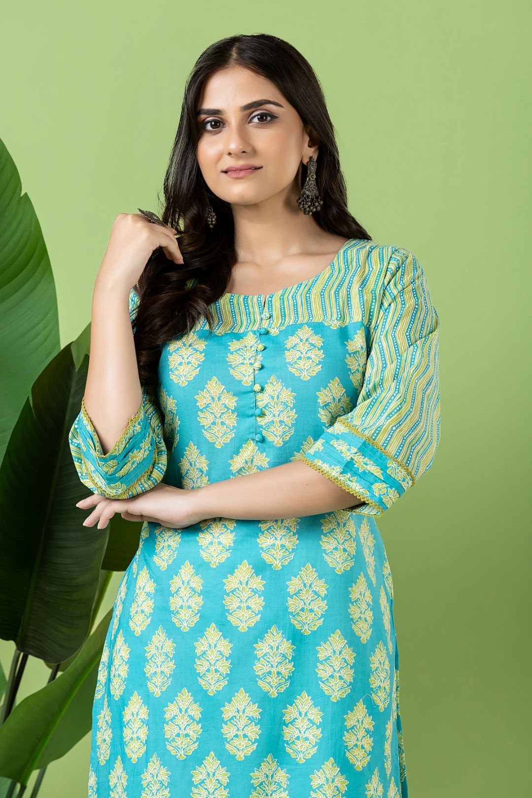 Aqua Blue Floral Print Mix Match Kurta