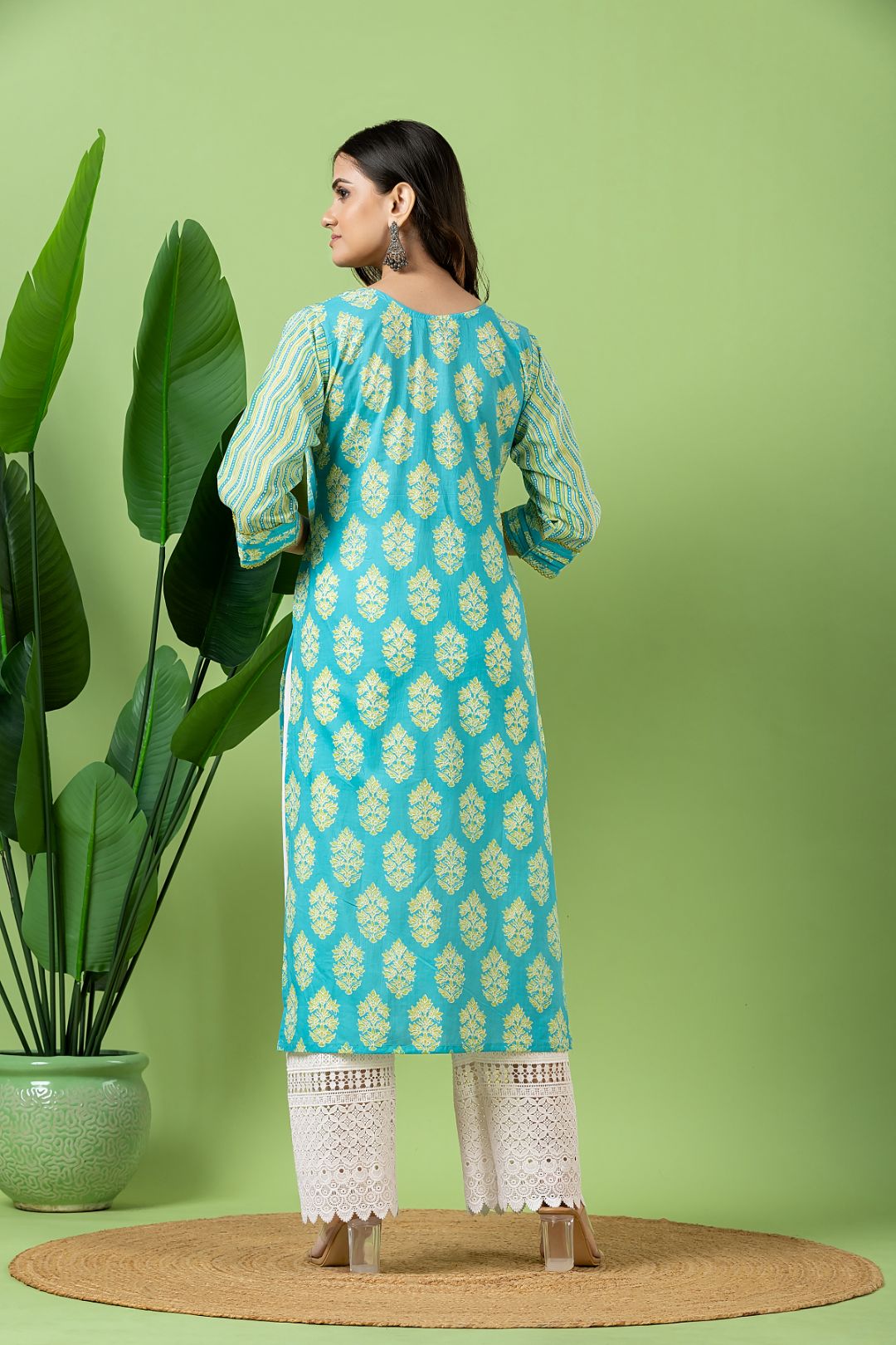 Aqua Blue Floral Print Mix Match Kurta