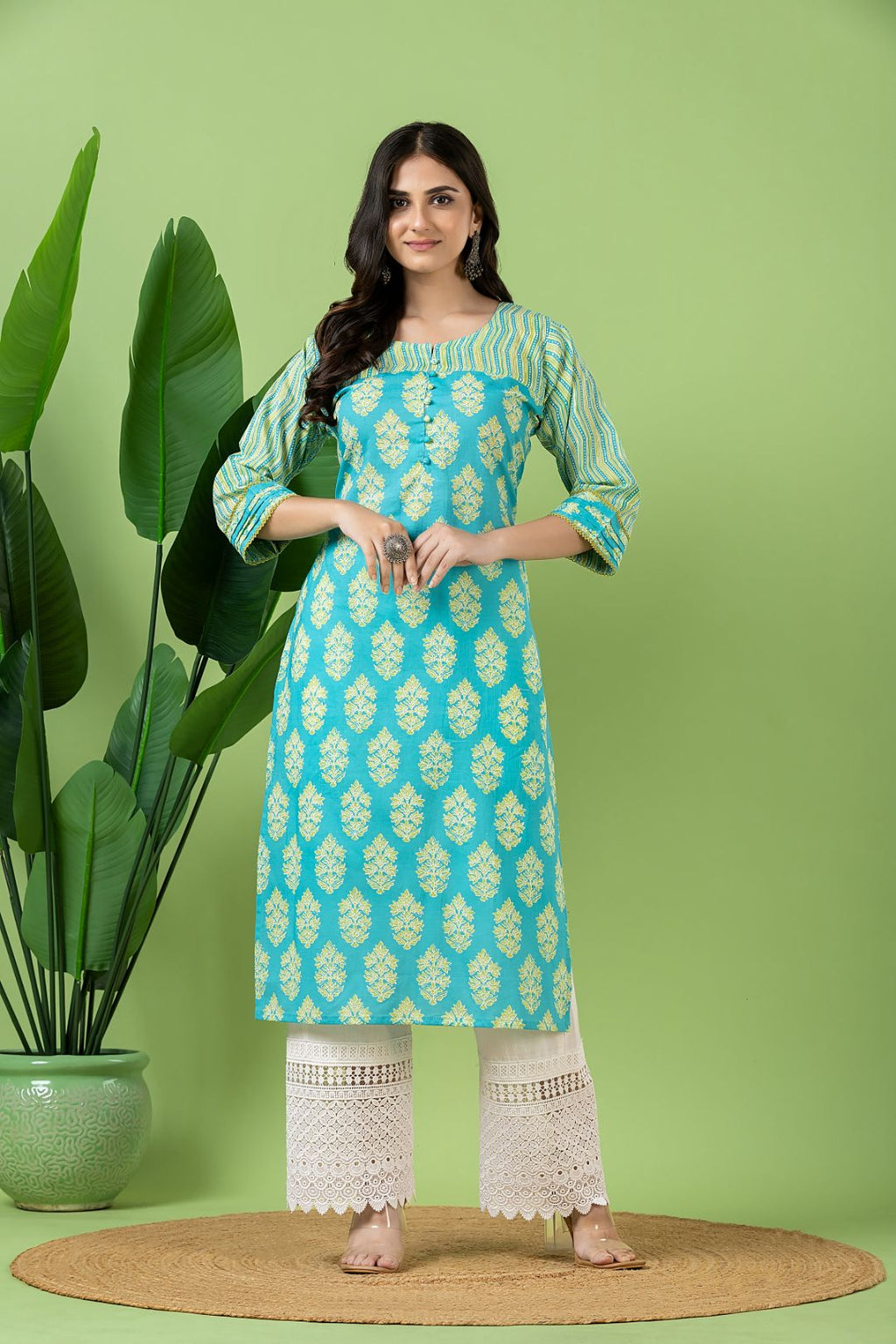 Aqua Blue Floral Print Mix Match Kurta