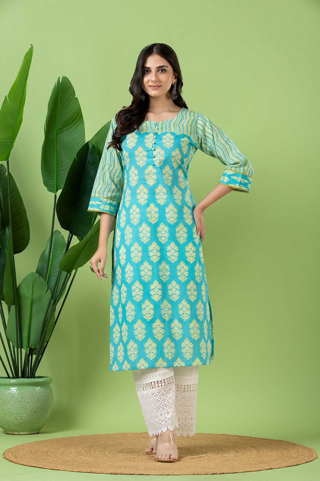 Aqua Blue Floral Print Mix Match Kurta