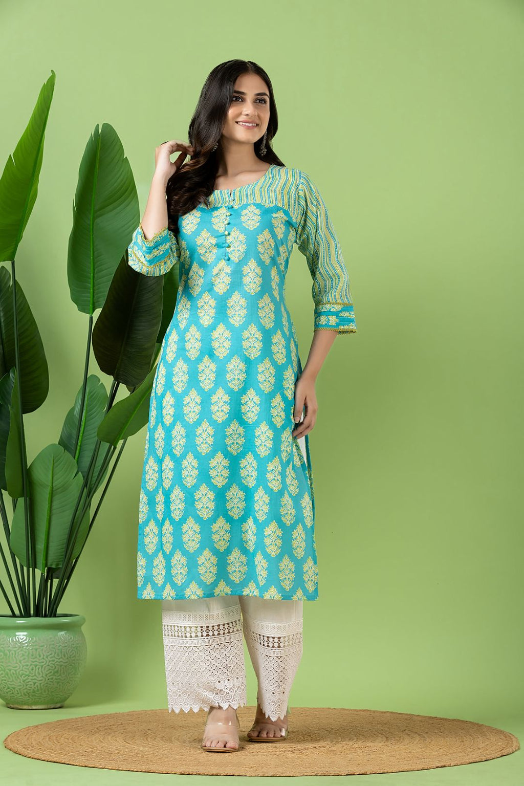 Aqua Blue Floral Print Mix Match Kurta