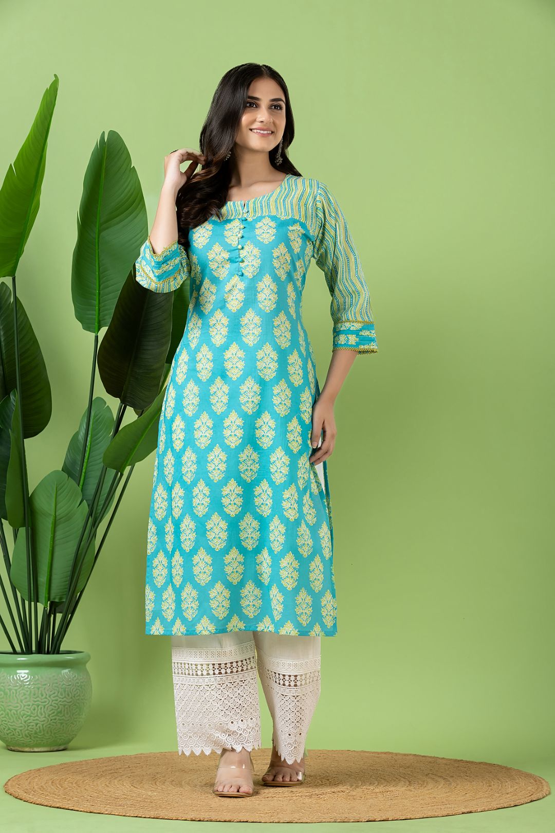 Aqua Blue Floral Print Mix Match Kurta