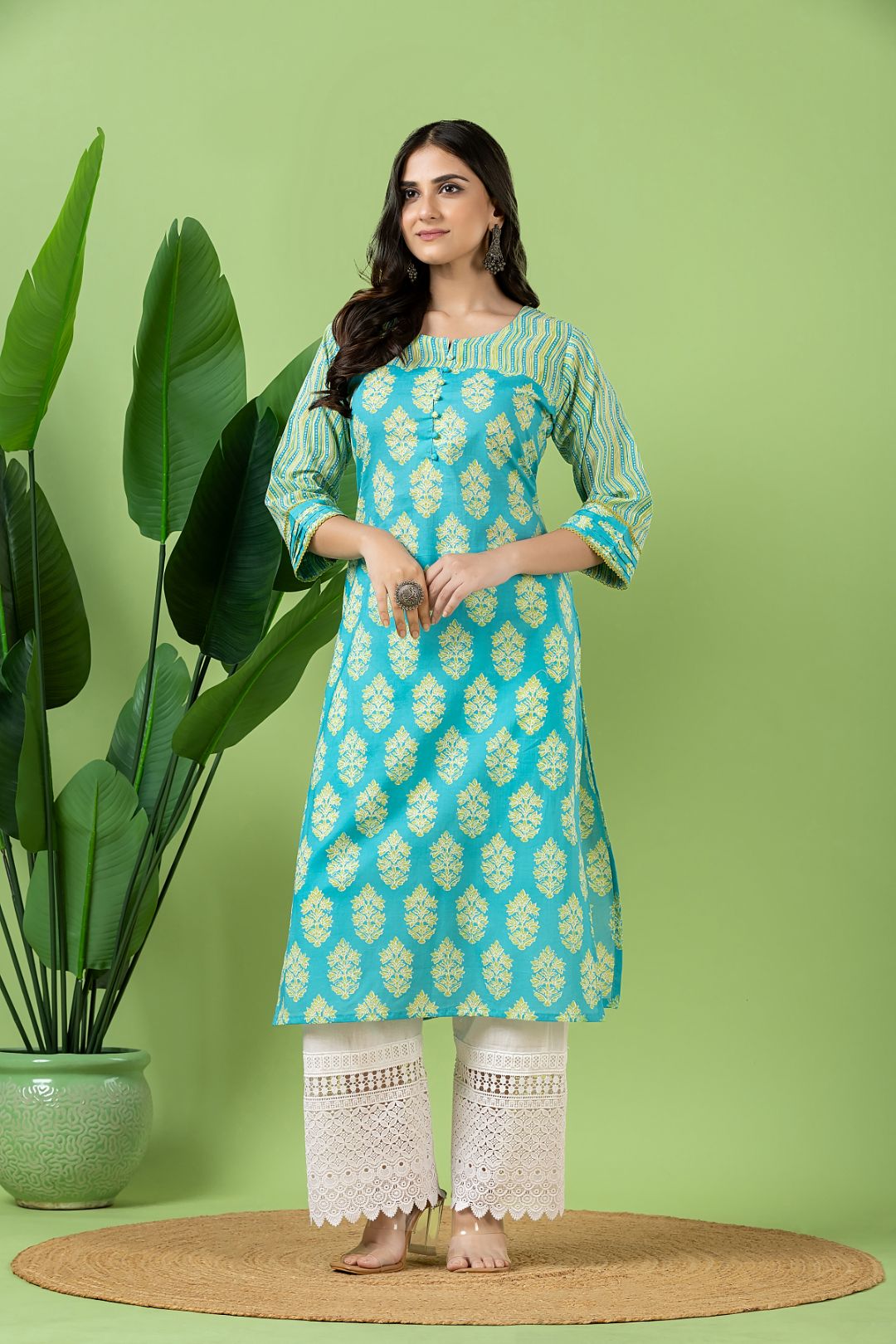 Aqua Blue Floral Print Mix Match Kurta