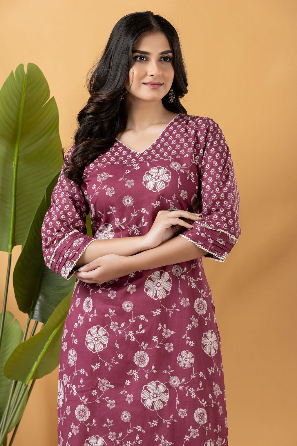 Dark Cranberry Floral Print Mix Match Kurta