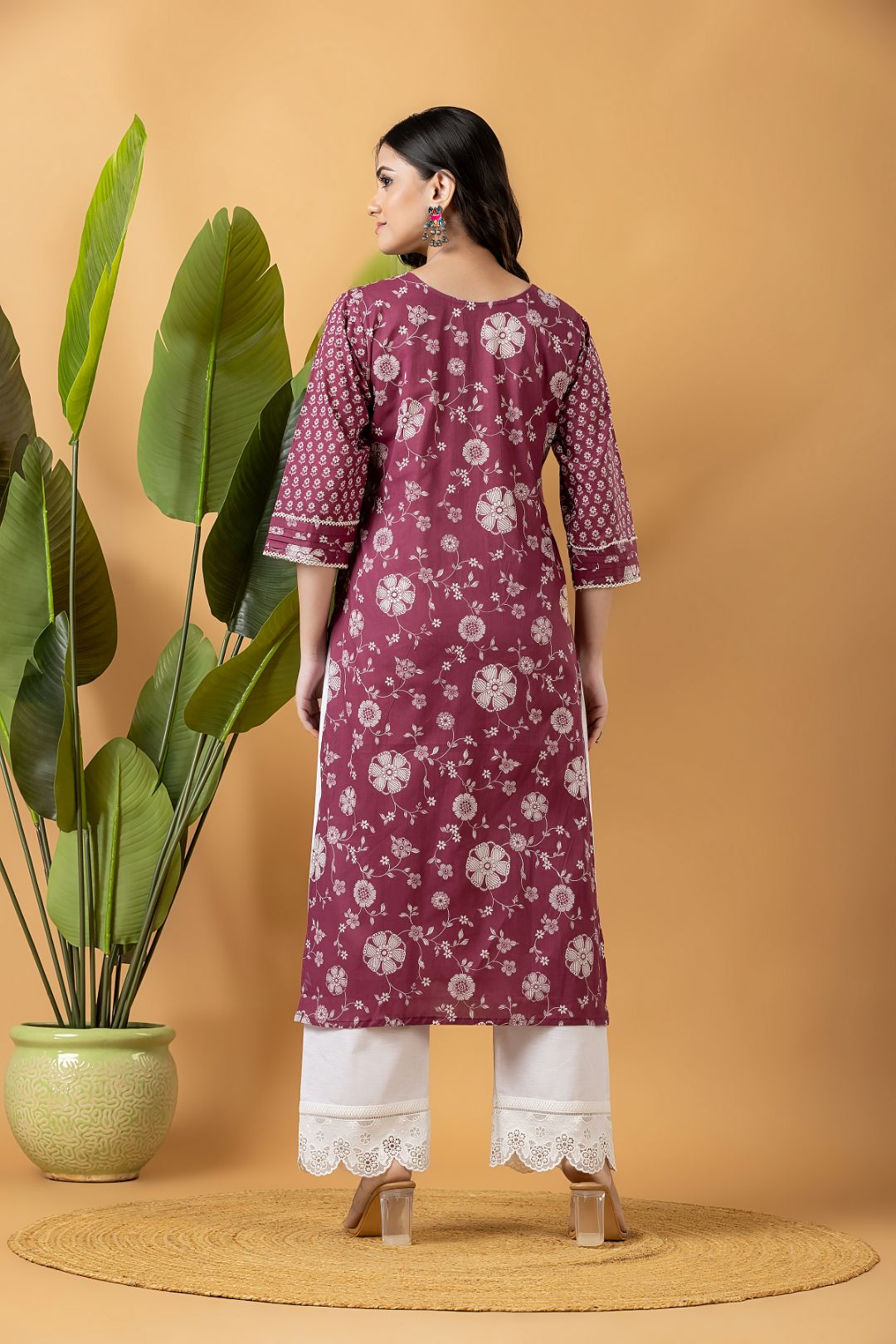 Dark Cranberry Floral Print Mix Match Kurta