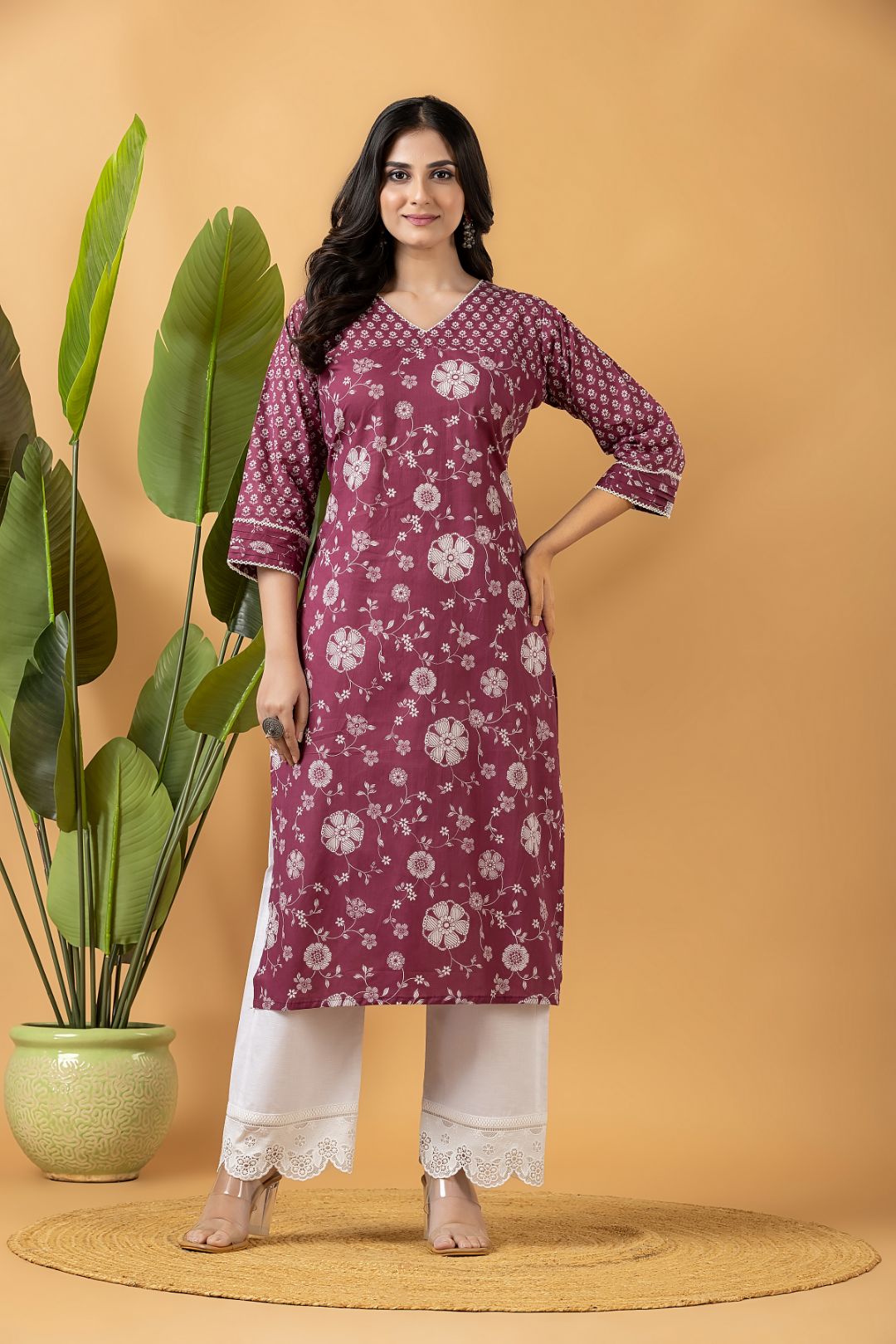 Dark Cranberry Floral Print Mix Match Kurta