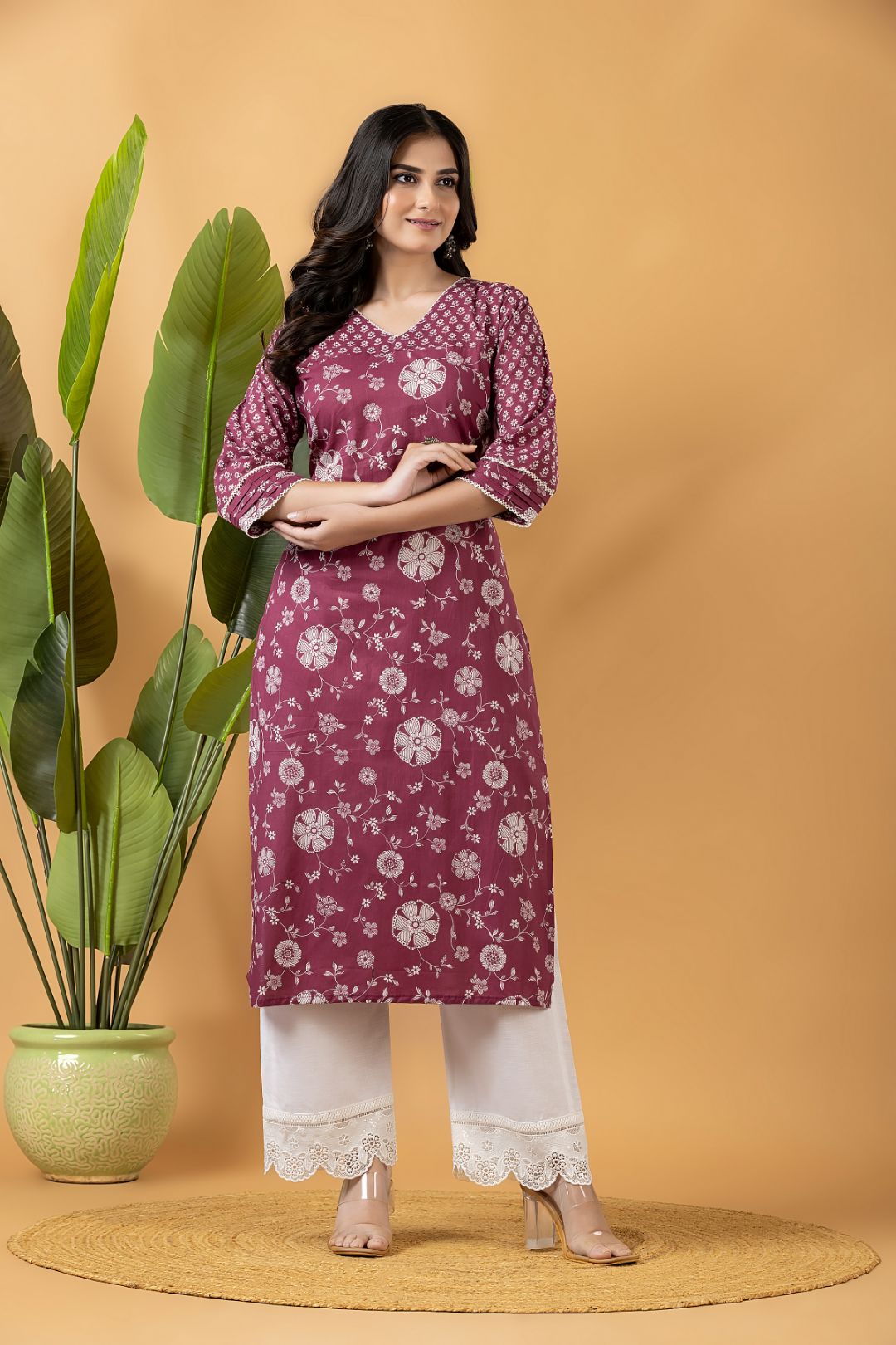 Dark Cranberry Floral Print Mix Match Kurta