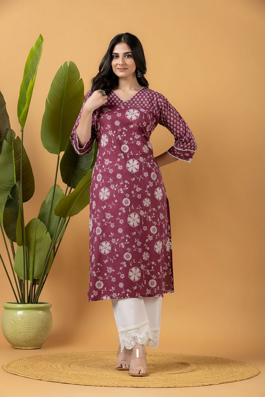 Dark Cranberry Floral Print Mix Match Kurta
