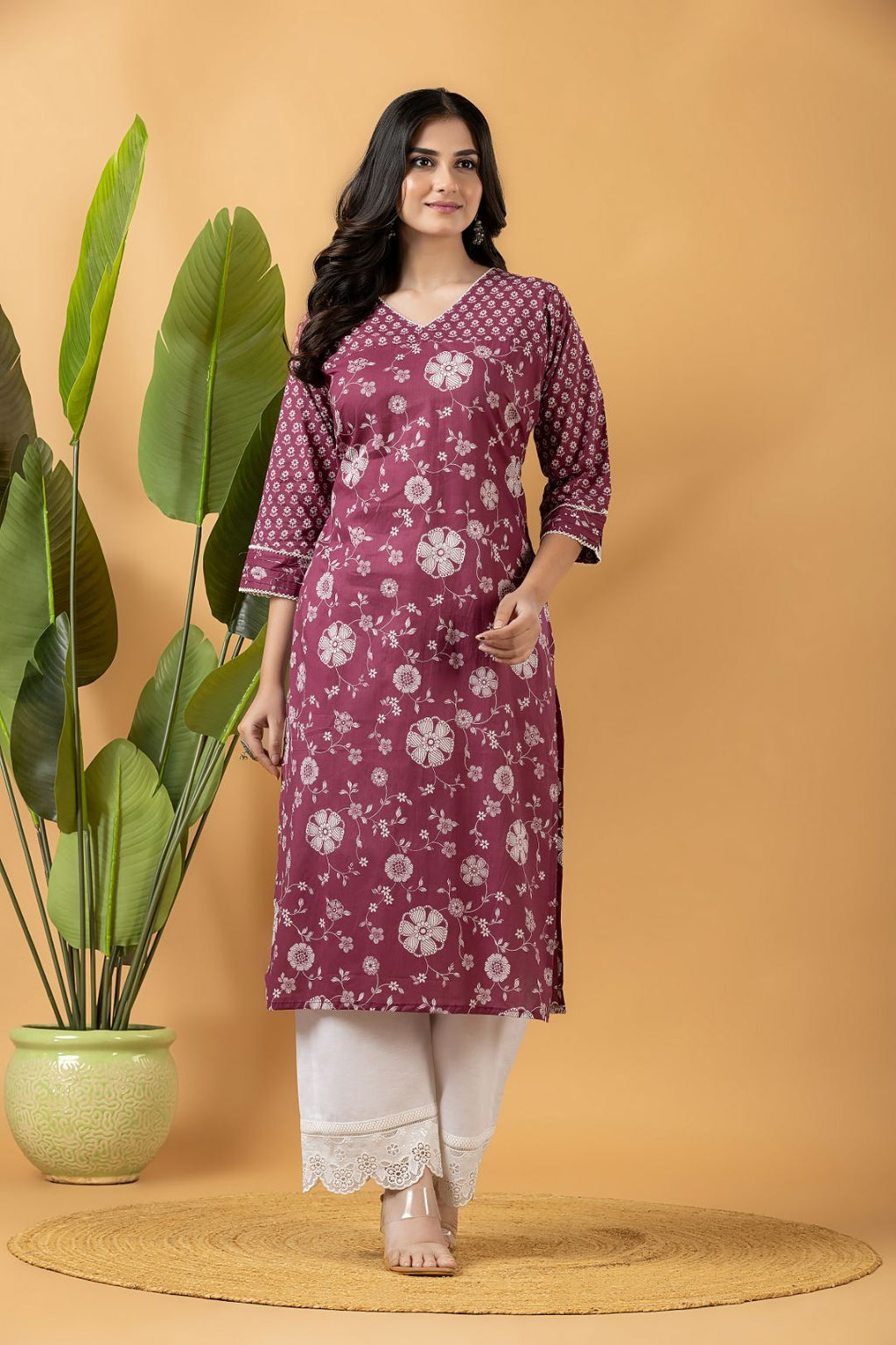 Dark Cranberry Floral Print Mix Match Kurta
