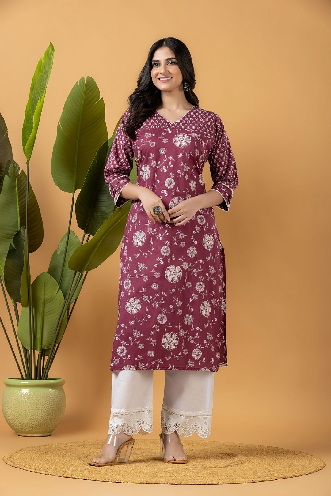 Dark Cranberry Floral Print Mix Match Kurta