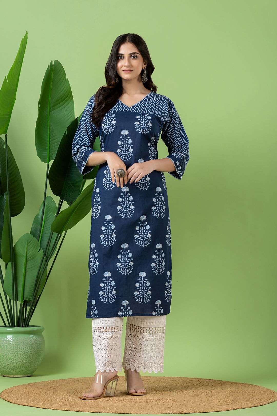 Navy Blue Floral Print Mix & Match Kurta