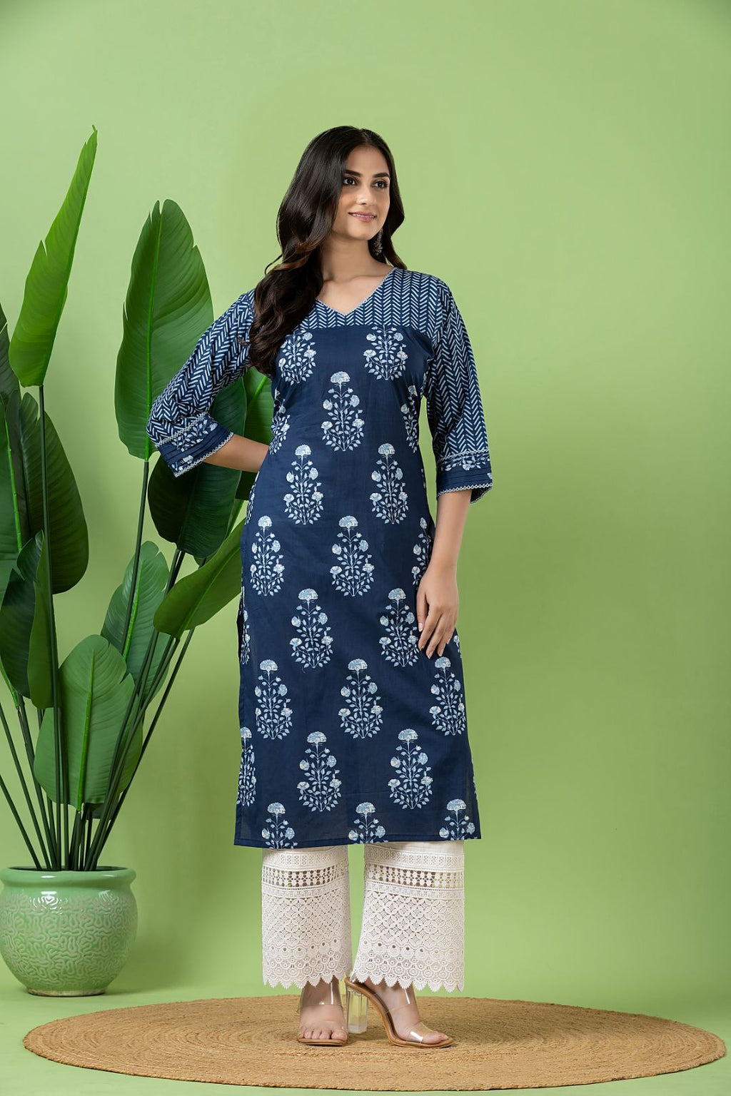 Navy Blue Floral Print Mix & Match Kurta