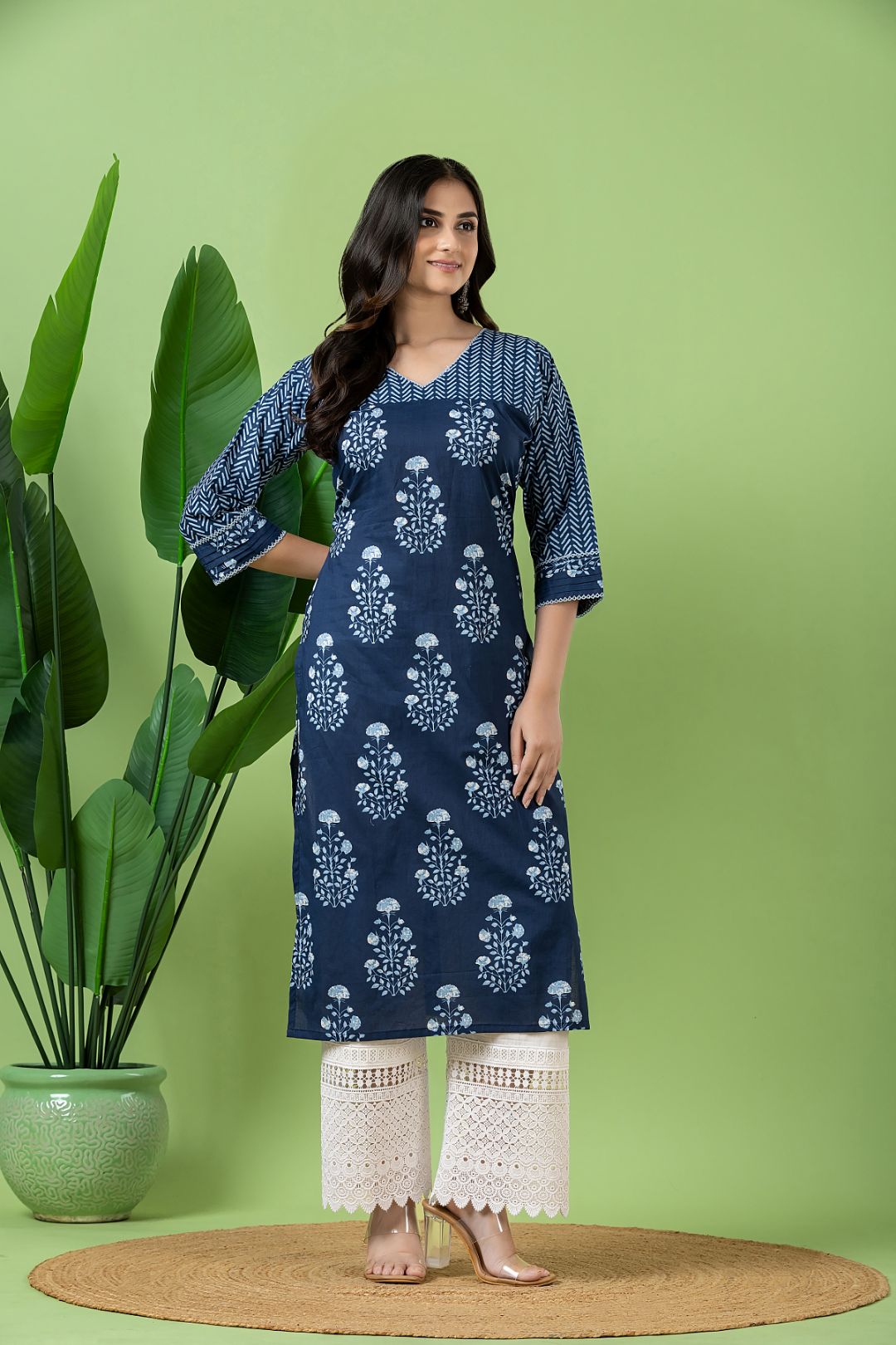 Navy Blue Floral Print Mix & Match Kurta