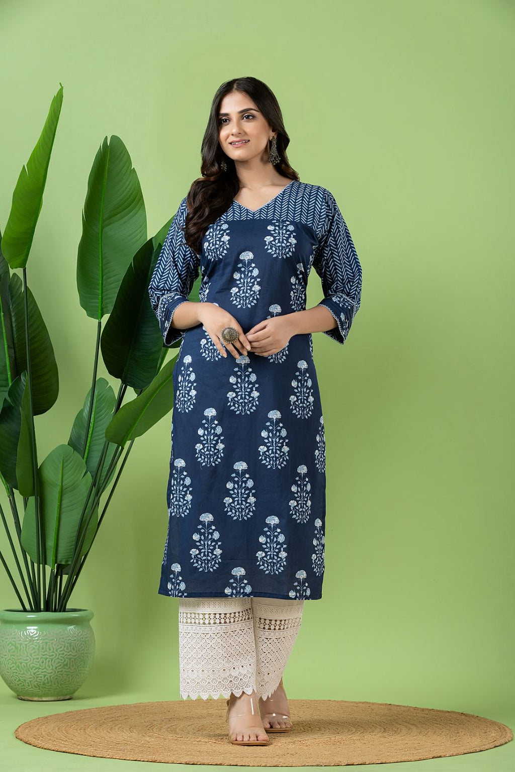 Navy Blue Floral Print Mix & Match Kurta