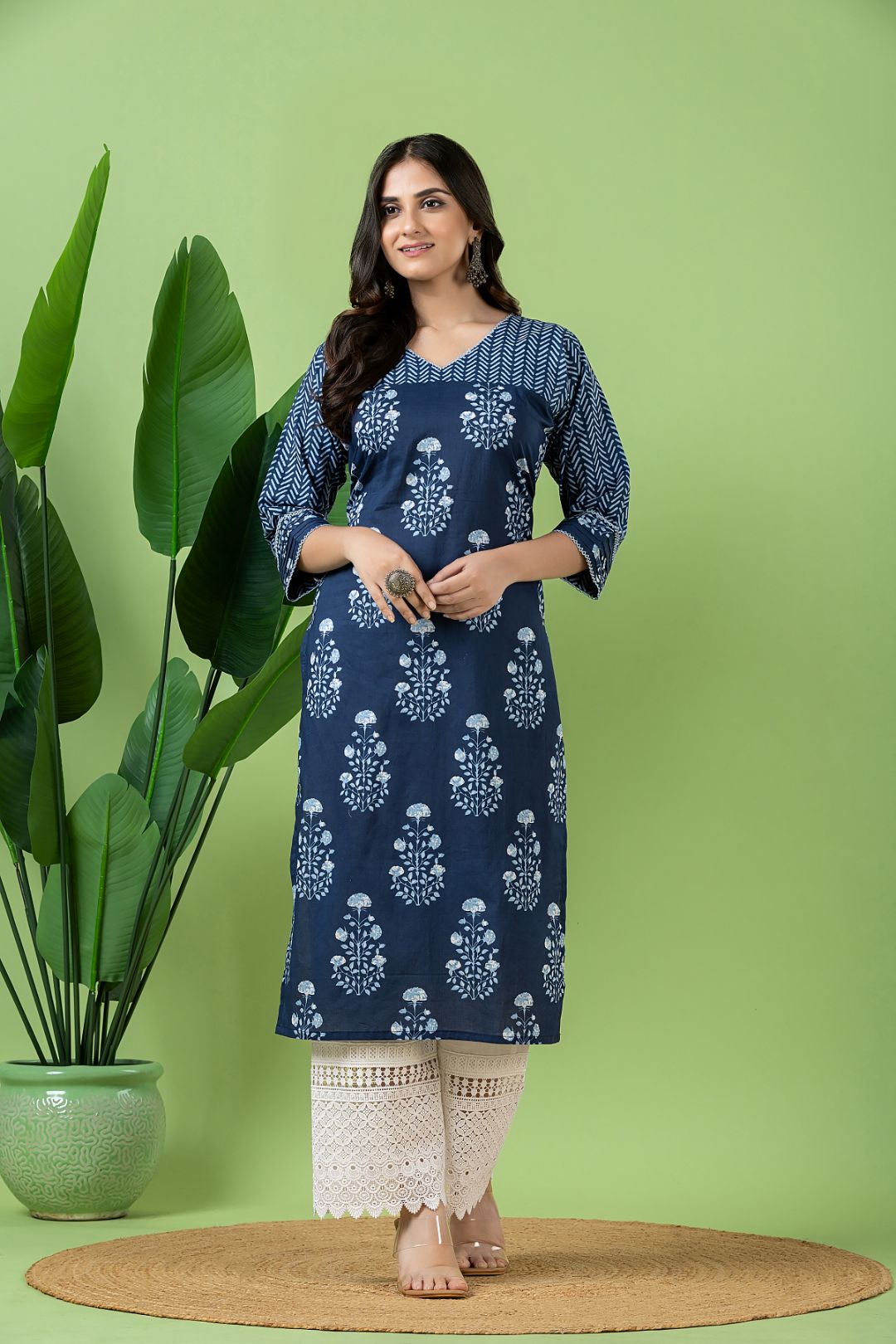 Navy Blue Floral Print Mix & Match Kurta