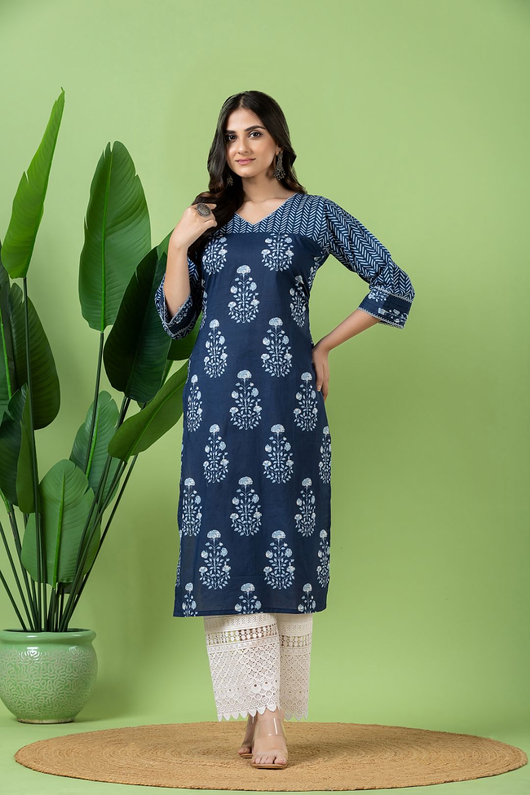 Navy Blue Floral Print Mix & Match Kurta
