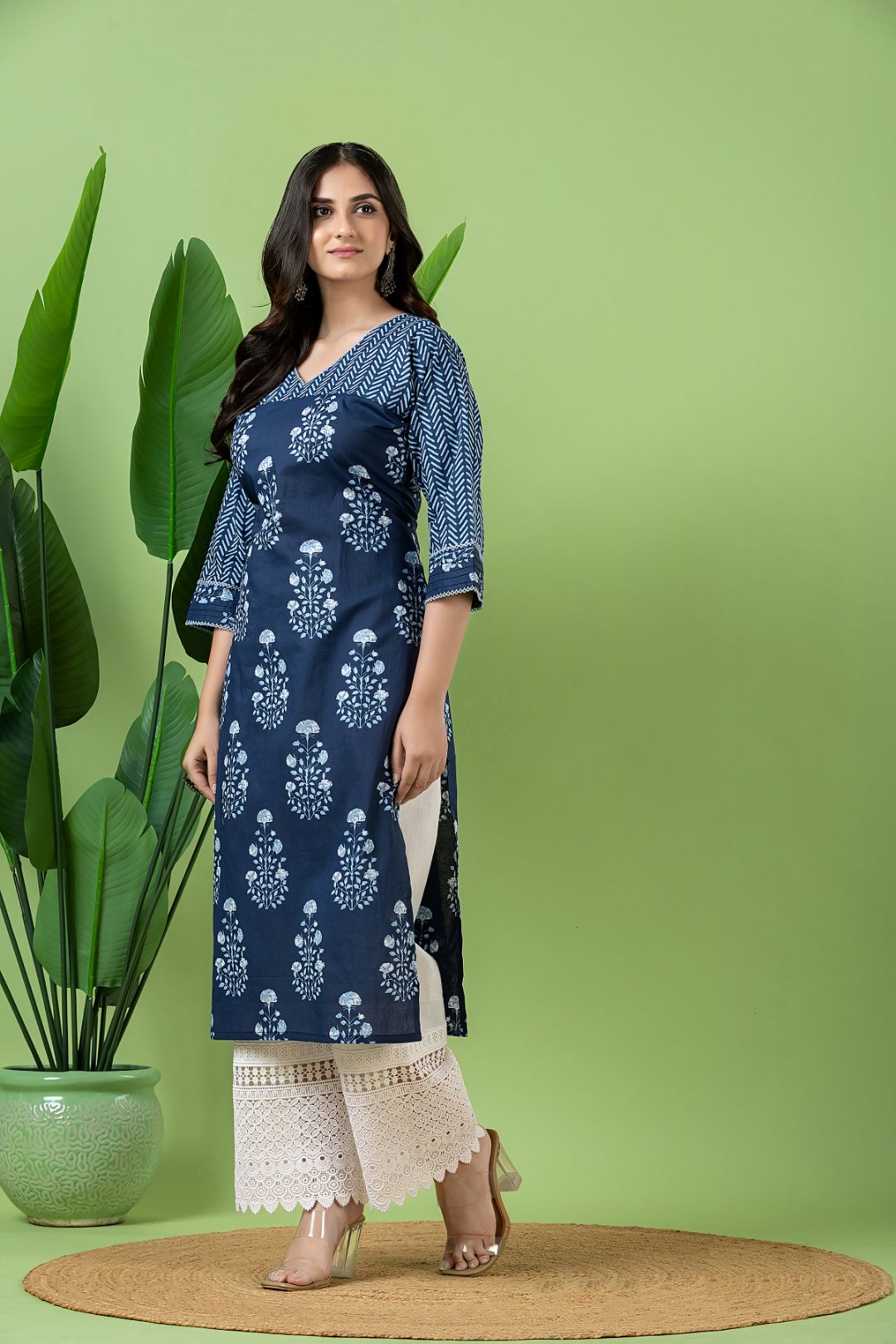 Navy Blue Floral Print Mix & Match Kurta