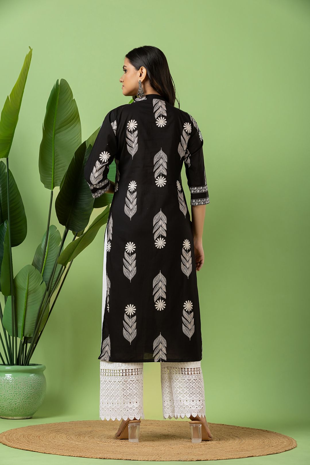 Black Floral Print Kurta