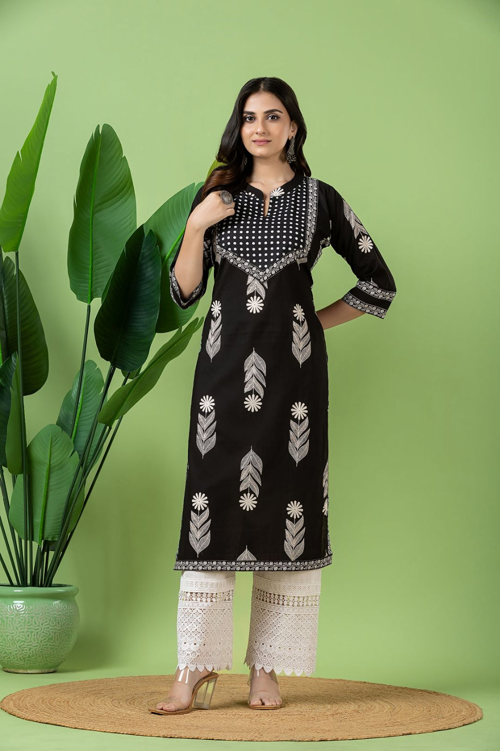 Black Floral Print Kurta