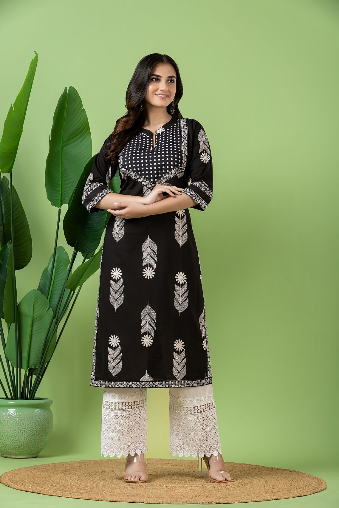 Black Floral Print Kurta