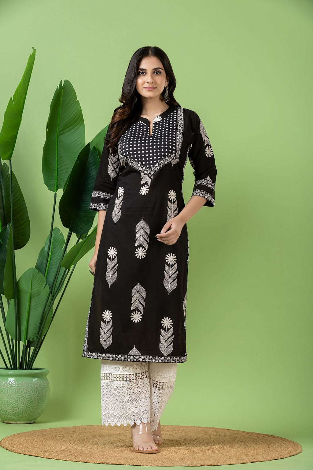 Black Floral Print Kurta