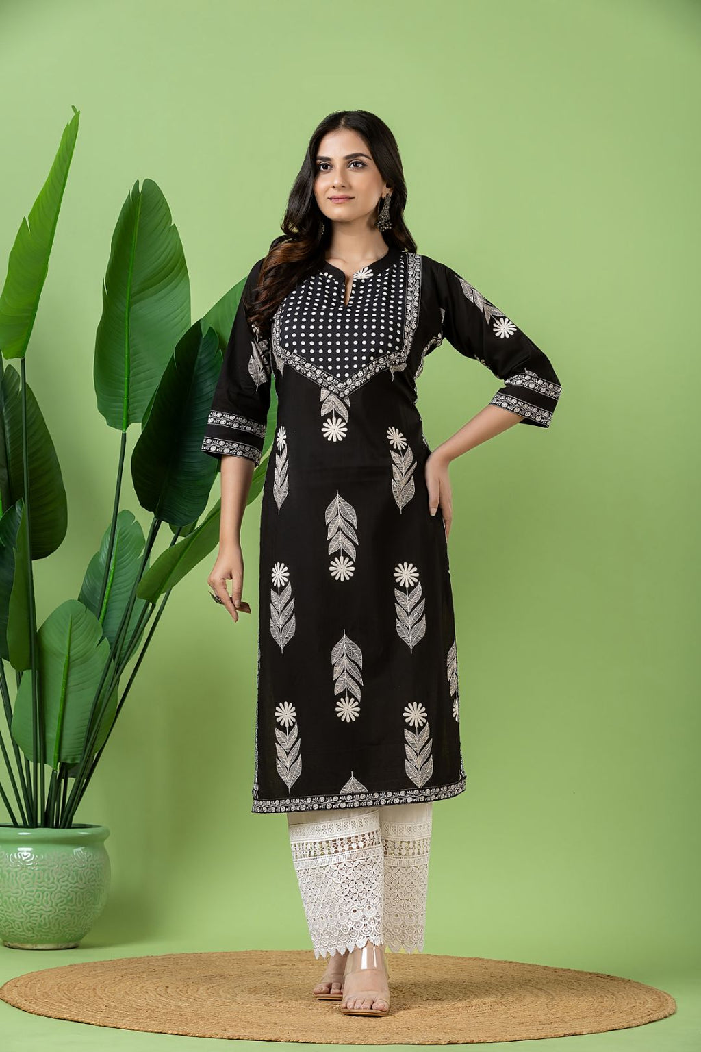 Black Floral Print Kurta