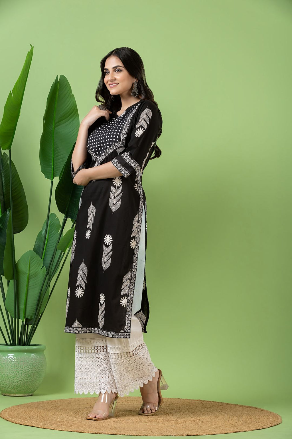 Black Floral Print Kurta