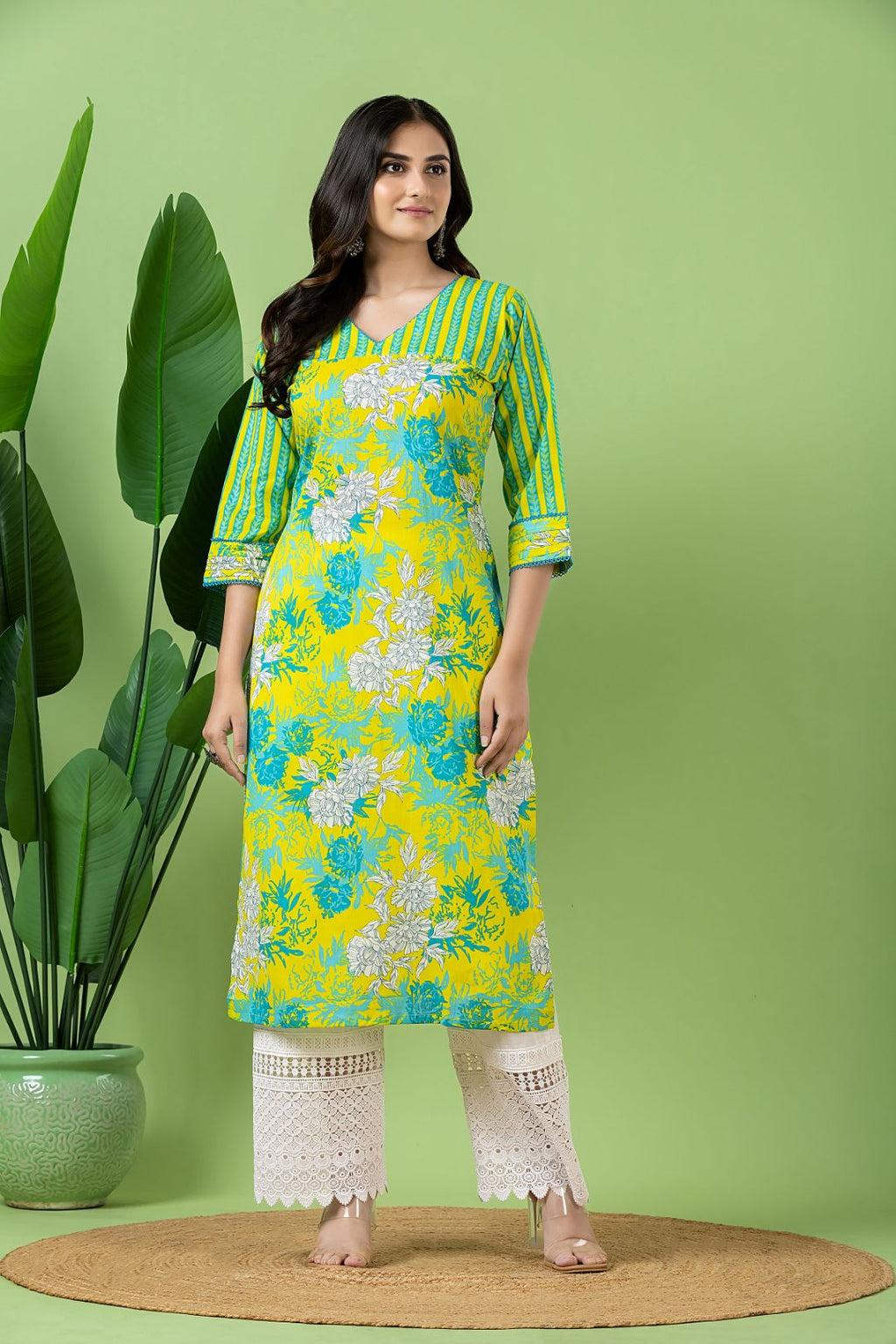 Yellow & Green Floral Print Mix & Match Kurta