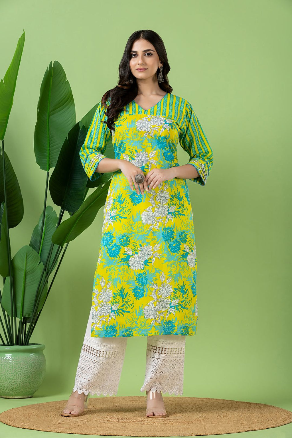 Yellow & Green Floral Print Mix & Match Kurta