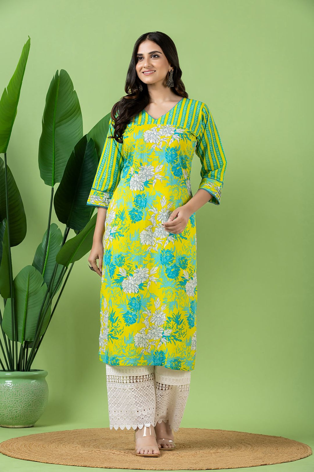 Yellow & Green Floral Print Mix & Match Kurta
