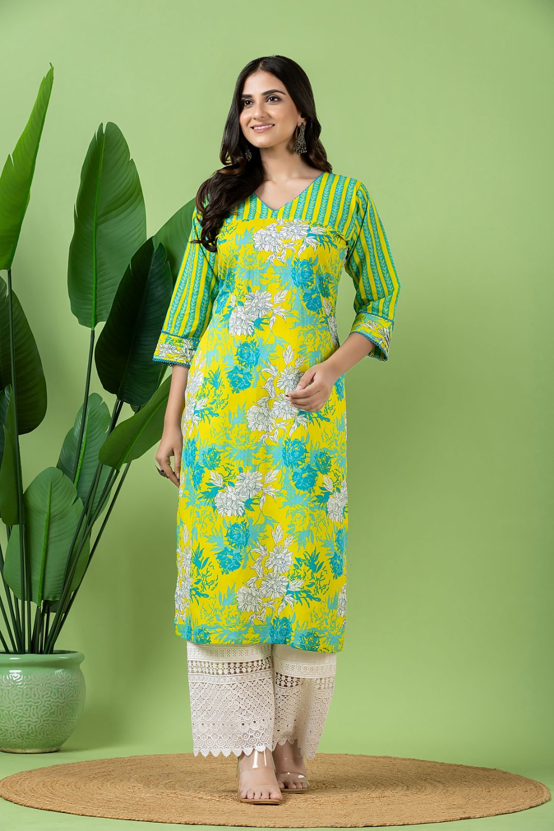 Yellow & Green Floral Print Mix & Match Kurta