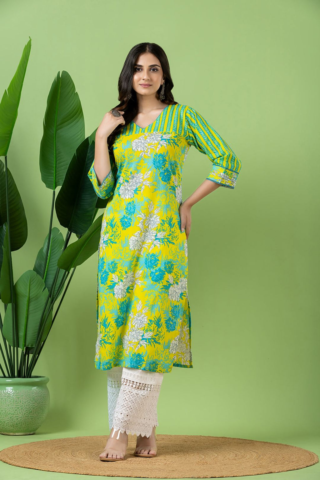 Yellow & Green Floral Print Mix & Match Kurta