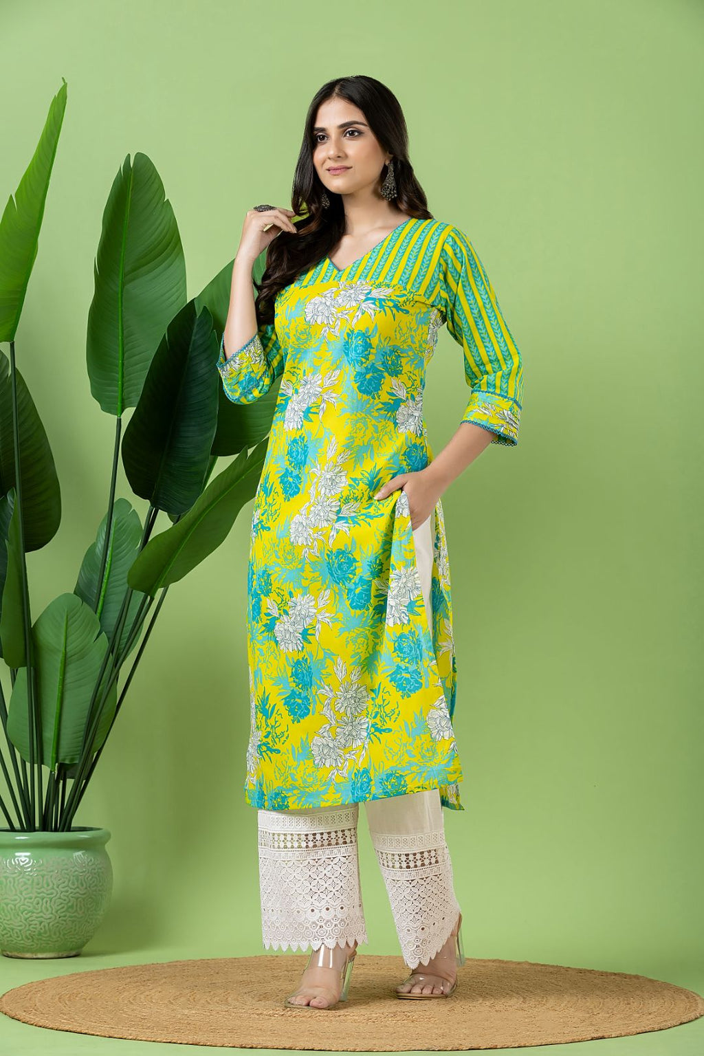 Yellow & Green Floral Print Mix & Match Kurta