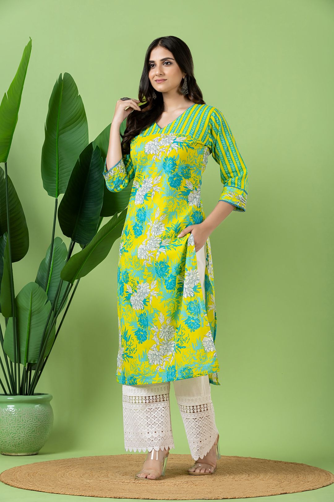 Yellow & Green Floral Print Mix & Match Kurta