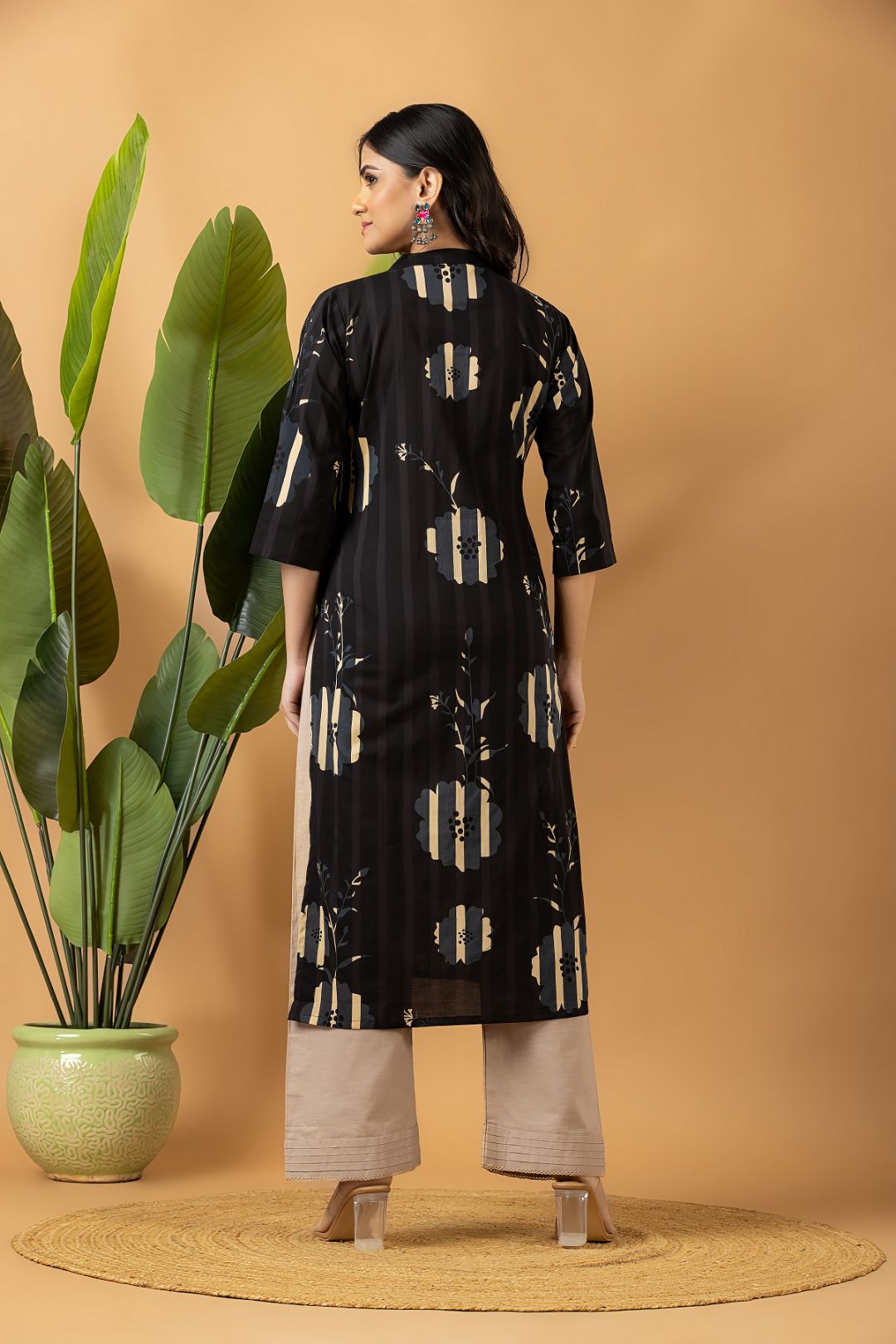 Black Floral Print Kurta