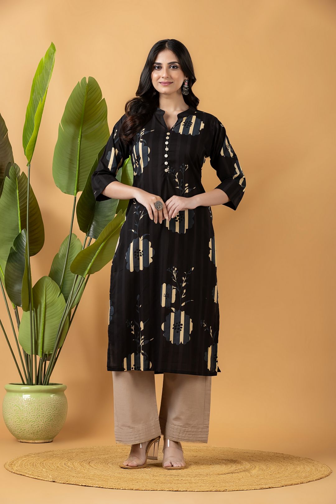 Black Floral Print Kurta