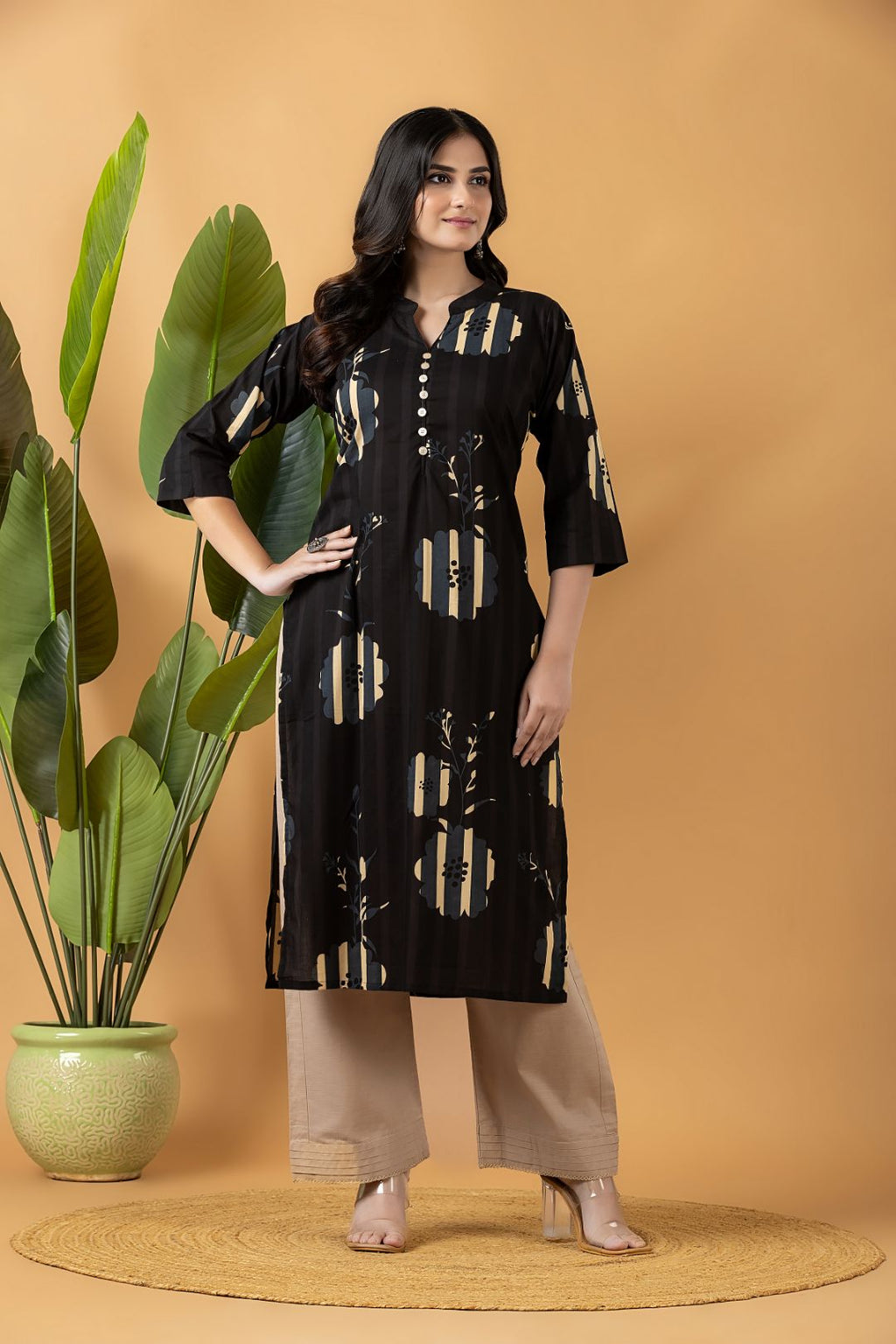 Black Floral Print Kurta