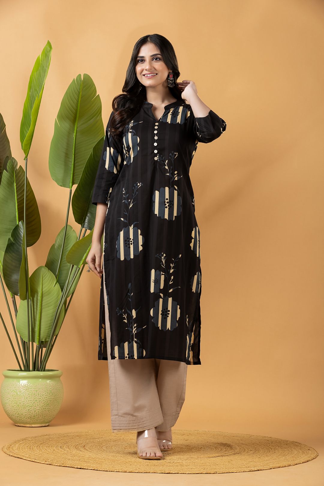 Black Floral Print Kurta